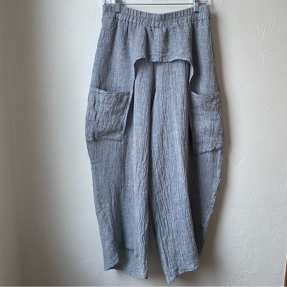 Luukaa Boho Lagenlook Gray Linen Wide Leg Trouser